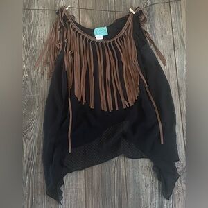 Judith March Black Top with Brown Fringe